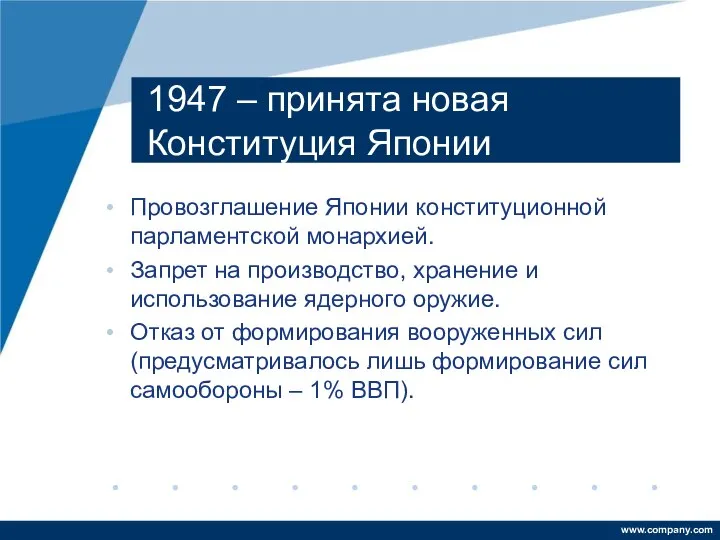 1947 – принята новая Конституция Японии Провозглашение Японии конституционной парламентской монархией.