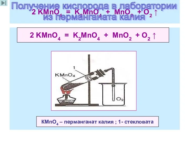 2 KMnO4 = K2MnO4 + MnO2 + O2 ↑ 2 KMnO4