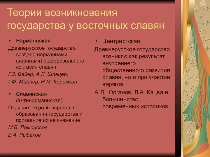 Теории возникновения государства у восточных славян Норманнская Древнерусское государство создано норманнами