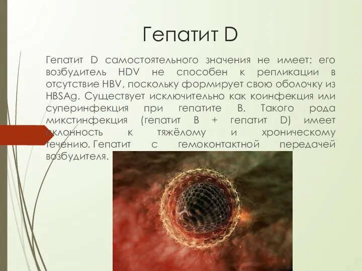 Гепатит D Гепатит D самостоятельного значения не имеет: его возбудитель HDV