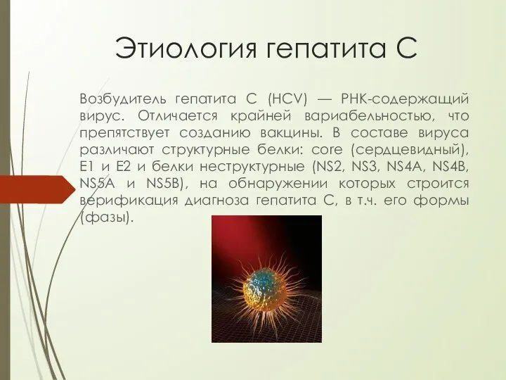 Этиология гепатита С Возбудитель гепатита C (HCV) — РНК-содержащий вирус. Отличается