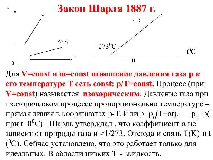 Закон Шарля 1887 г. Для V=const и m=const отношение давления газа