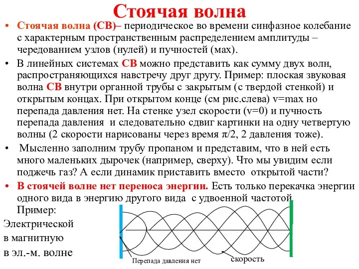 Стоячая волна Стоячая волна (СВ)– периодическое во времени синфазное колебание с