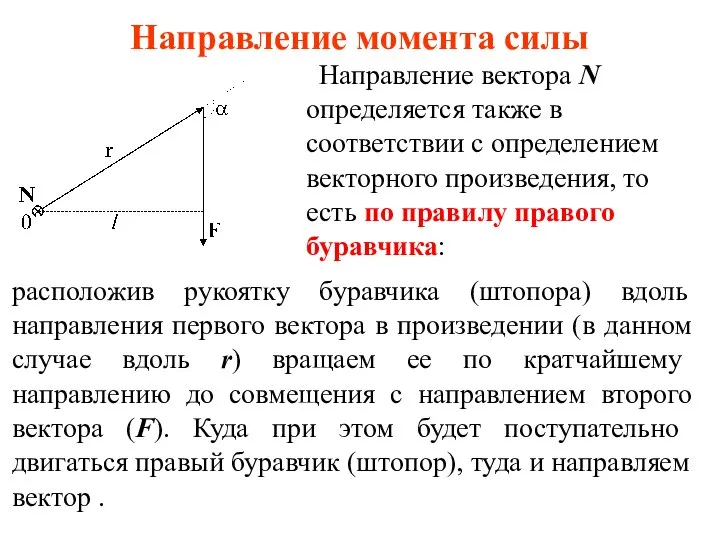 Направление момента силы Направление вектора N определяется также в соответствии с