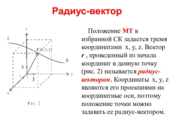 Радиус-вектор Положение МТ в избранной СК задается тремя координатами x, y,