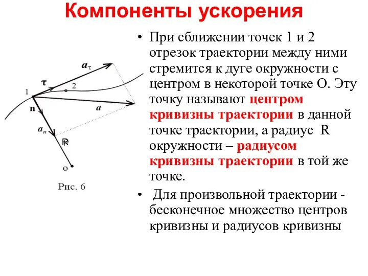 Компоненты ускорения При сближении точек 1 и 2 отрезок траектории между