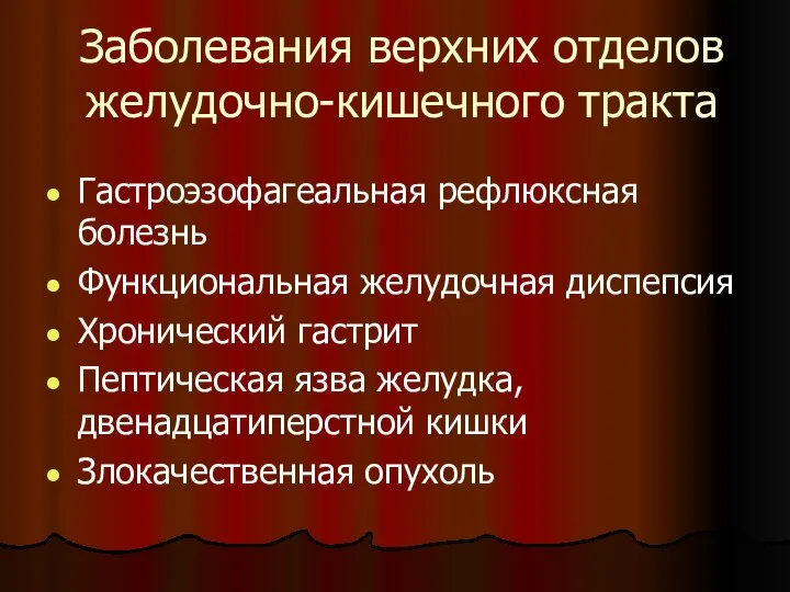 Заболевания верхних отделов желудочно-кишечного тракта Гастроэзофагеальная рефлюксная болезнь Функциональная желудочная диспепсия