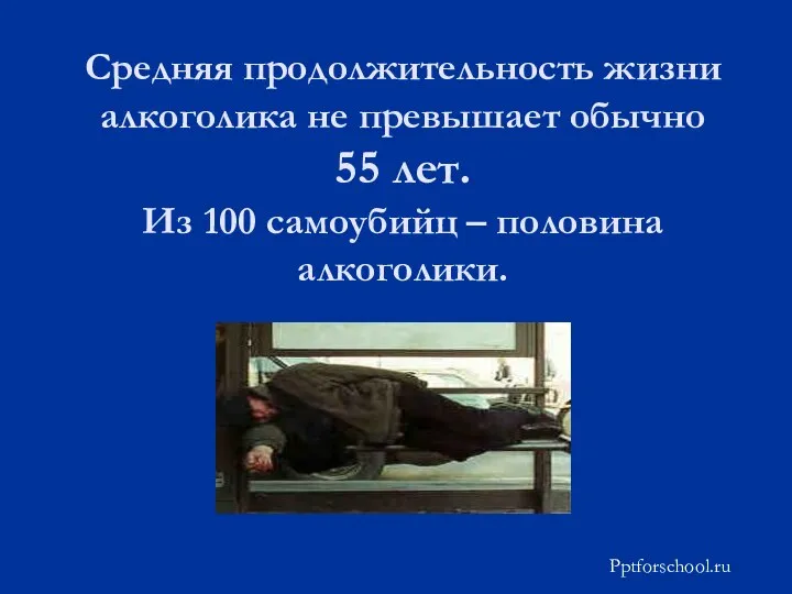 Средняя продолжительность жизни алкоголика не превышает обычно 55 лет. Из 100 самоубийц – половина алкоголики. Pptforschool.ru