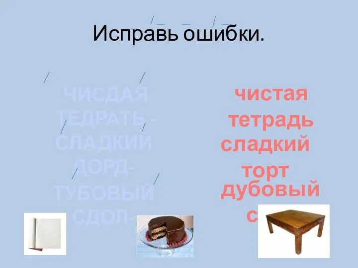 Исправь ошибки. ЧИСДАЯ ТЕДРАТЬ - СЛАДКИЙ ДОРД- ТУБОВЫЙ СДОЛ- чистая тетрадь сладкий торт дубовый стол