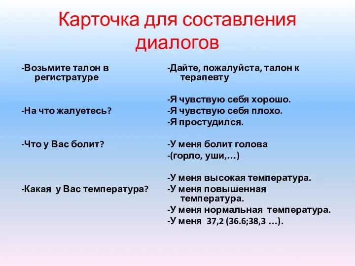 Карточка для составления диалогов -Возьмите талон в регистратуре -На что жалуетесь?