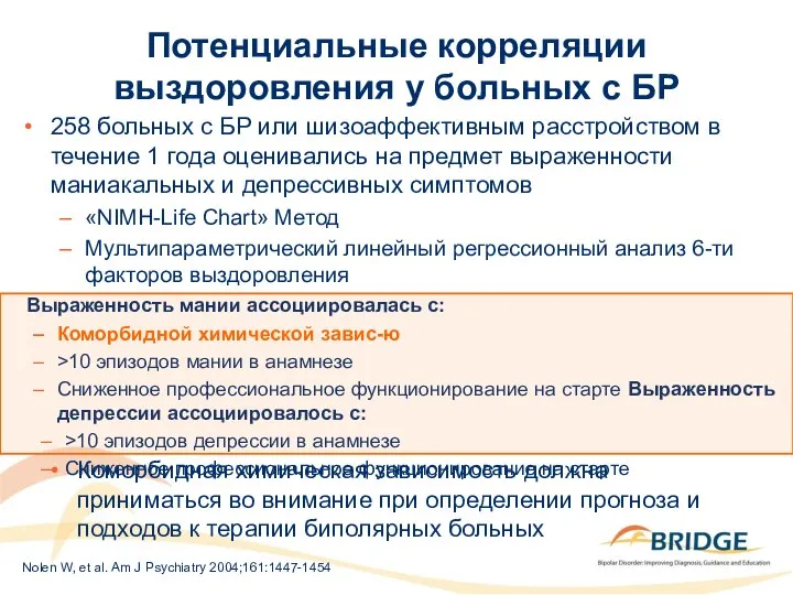 Потенциальные корреляции выздоровления у больных с БР 258 больных с БР