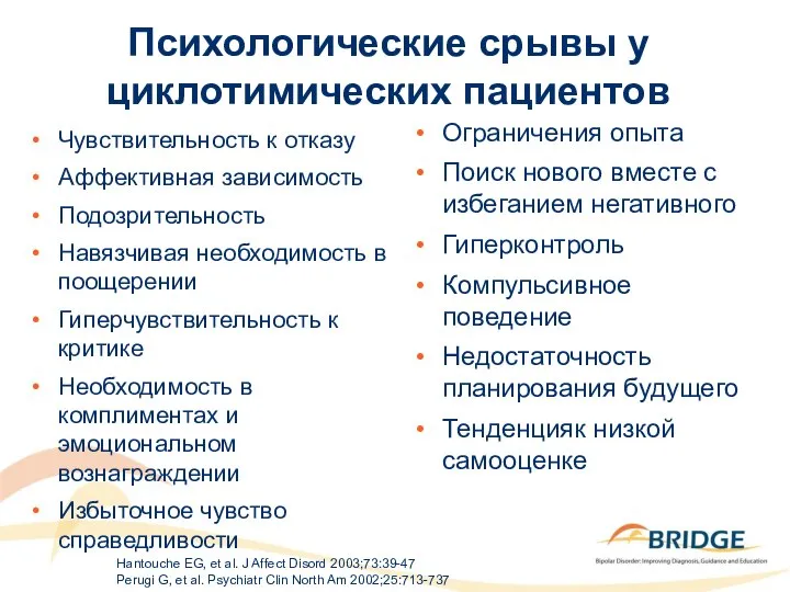 Психологические срывы у циклотимических пациентов Чувствительность к отказу Аффективная зависимость Подозрительность