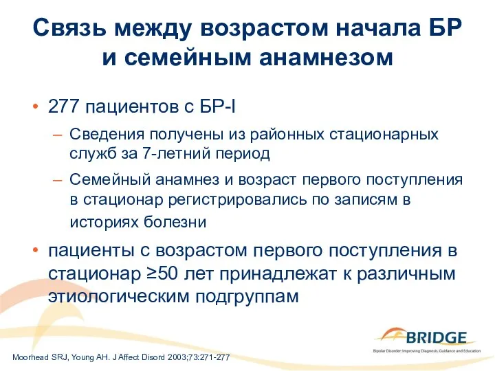 Связь между возрастом начала БР и семейным анамнезом 277 пациентов с