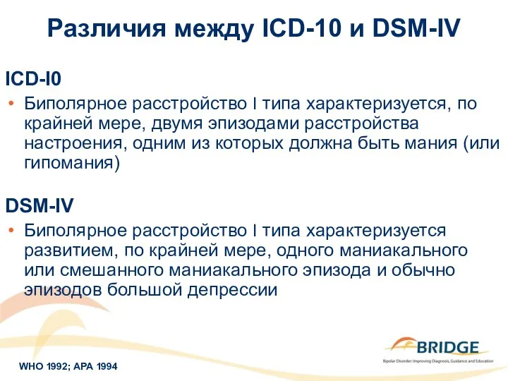 Различия между ICD-10 и DSM-IV ICD-I0 Биполярное расстройство I типа характеризуется,