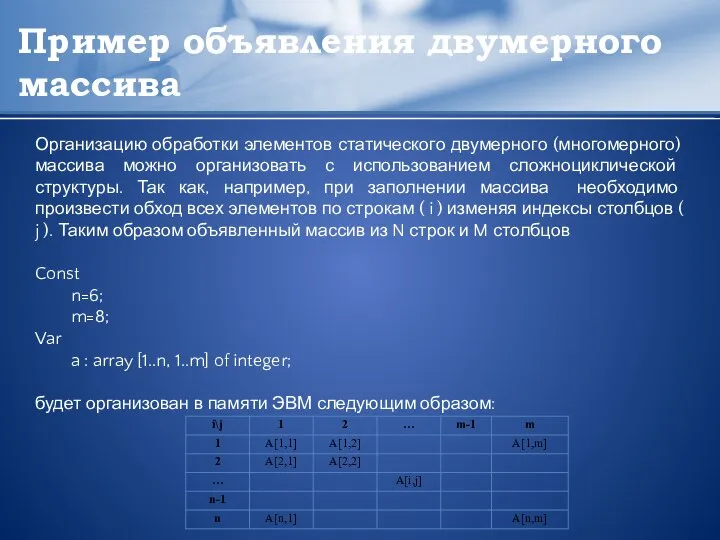 Пример объявления двумерного массива Организацию обработки элементов статического двумерного (многомерного) массива