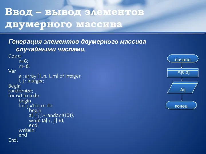 Ввод – вывод элементов двумерного массива Генерация элементов двумерного массива случайными