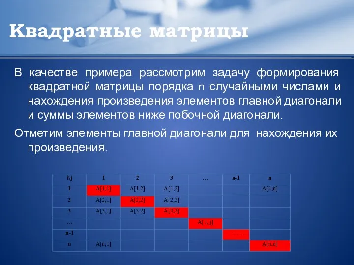 Квадратные матрицы В качестве примера рассмотрим задачу формирования квадратной матрицы порядка