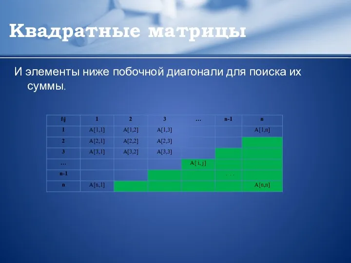 Квадратные матрицы И элементы ниже побочной диагонали для поиска их суммы.