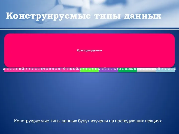 Конструируемые типы данных Конструируемые типы данных будут изучены на последующих лекциях.