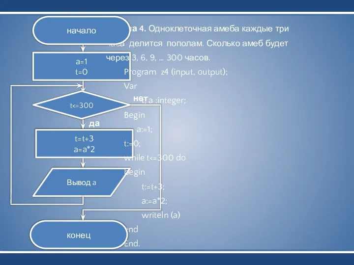 Вывод a a=1 t=0 t=t+3 a=a*2 Задача 4. Одноклеточная амеба каждые