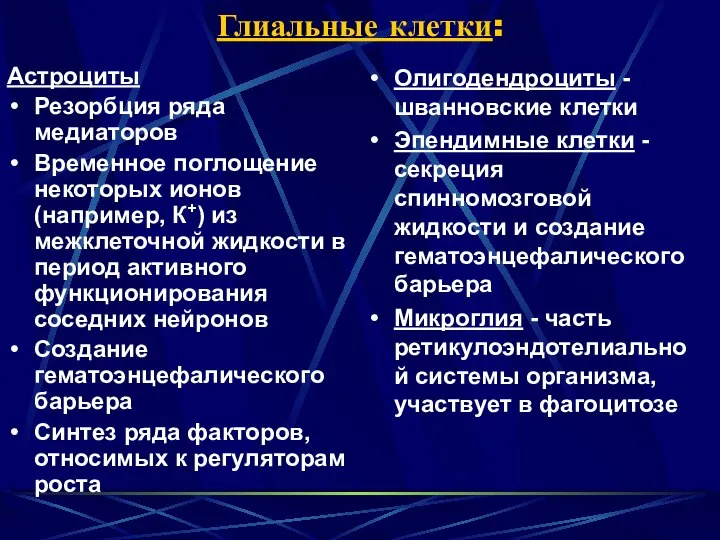 Глиальные клетки: Астроциты Резорбция ряда медиаторов Временное поглощение некоторых ионов (например,