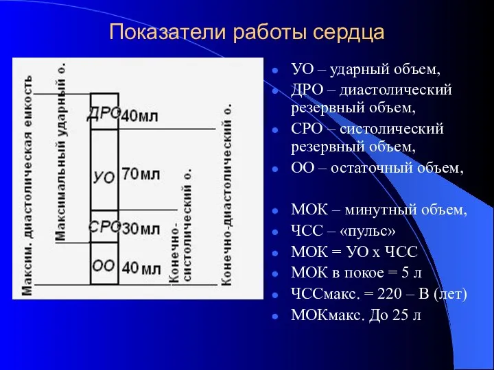 Показатели работы сердца УО – ударный объем, ДРО – диастолический резервный