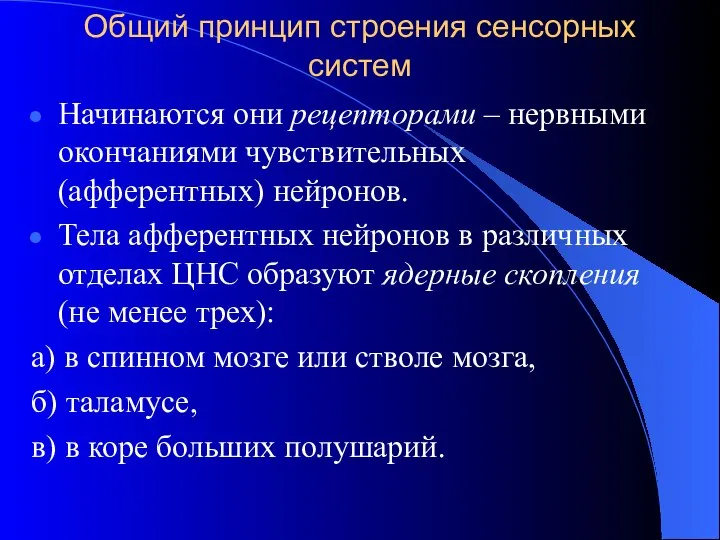 Общий принцип строения сенсорных систем Начинаются они рецепторами – нервными окончаниями