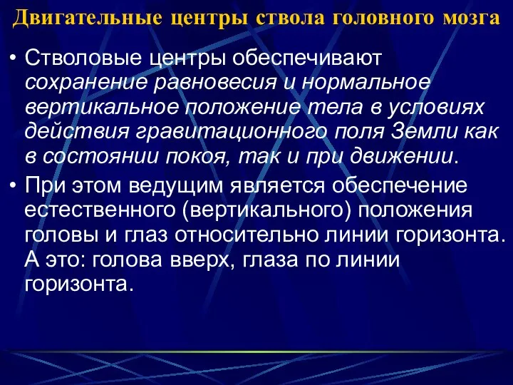 Двигательные центры ствола головного мозга Стволовые центры обеспечивают сохранение равновесия и