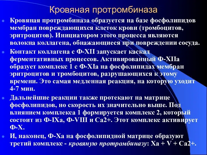 Кровяная протромбиназа Кровяная протромбиназа образуется на базе фосфолипидов мембран повреждающихся клеток