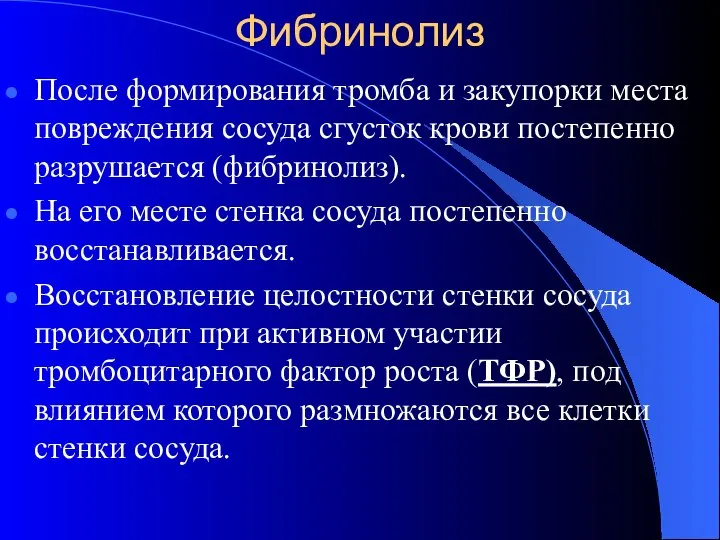 Фибринолиз После формирования тромба и закупорки места повреждения сосуда сгусток крови