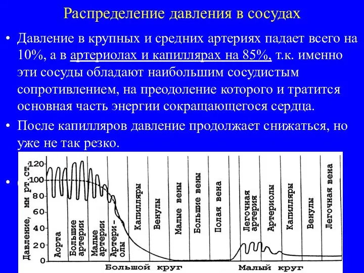 Распределение давления в сосудах Давление в крупных и средних артериях падает