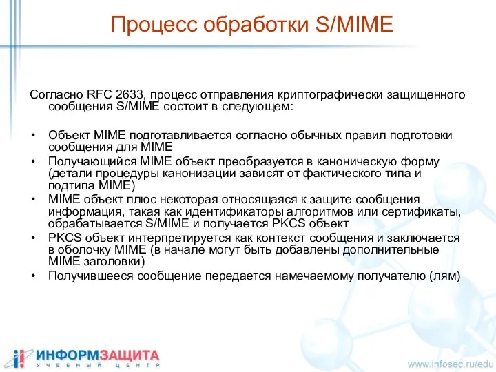 Процесс обработки S/MIME Согласно RFC 2633, процесс отправления криптографически защищенного сообщения