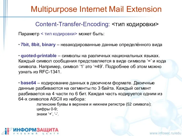 Multipurpose Internet Mail Extension Content-Transfer-Encoding: Параметр может быть: ∙ 7bit, 8bit,