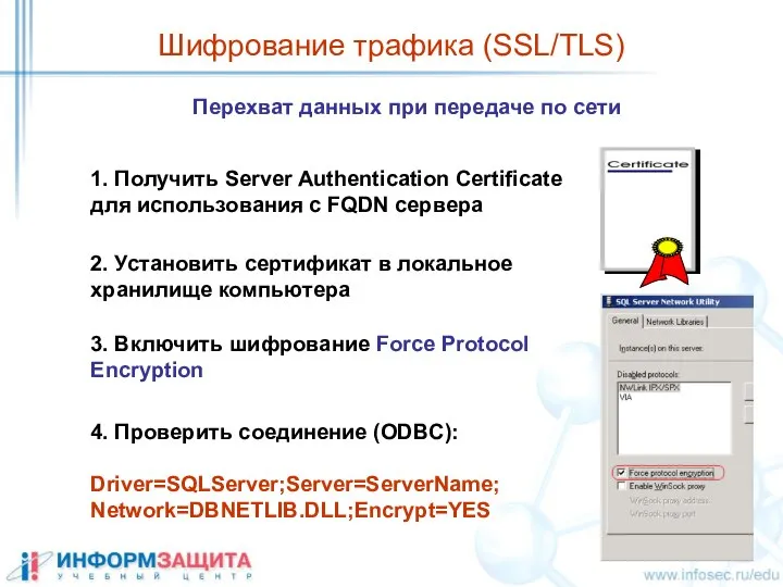 Шифрование трафика (SSL/TLS) Перехват данных при передаче по сети 1. Получить