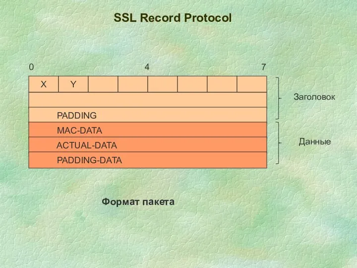 SSL Record Protocol Х Y PADDING MAC-DATA ACTUAL-DATA PADDING-DATA 0 4 7 Заголовок Данные Формат пакета