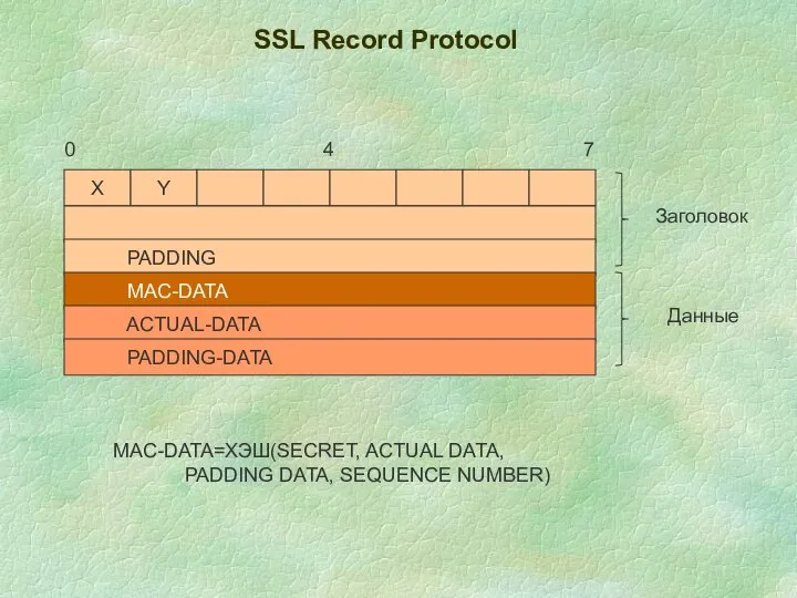 SSL Record Protocol Х Y PADDING MAC-DATA ACTUAL-DATA PADDING-DATA 0 4