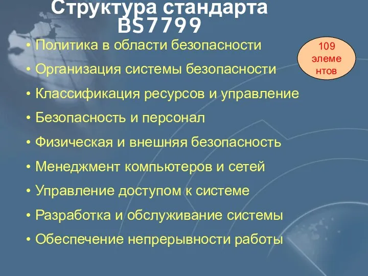 Структура стандарта BS7799 Политика в области безопасности Организация системы безопасности Классификация