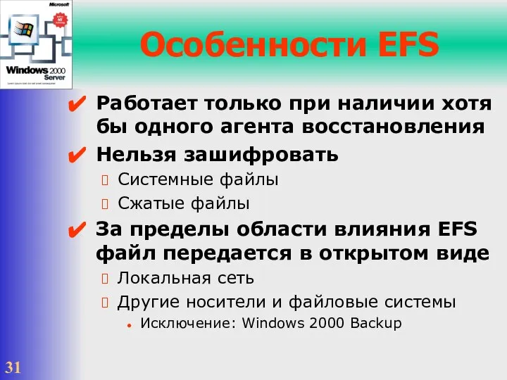 Особенности EFS Работает только при наличии хотя бы одного агента восстановления