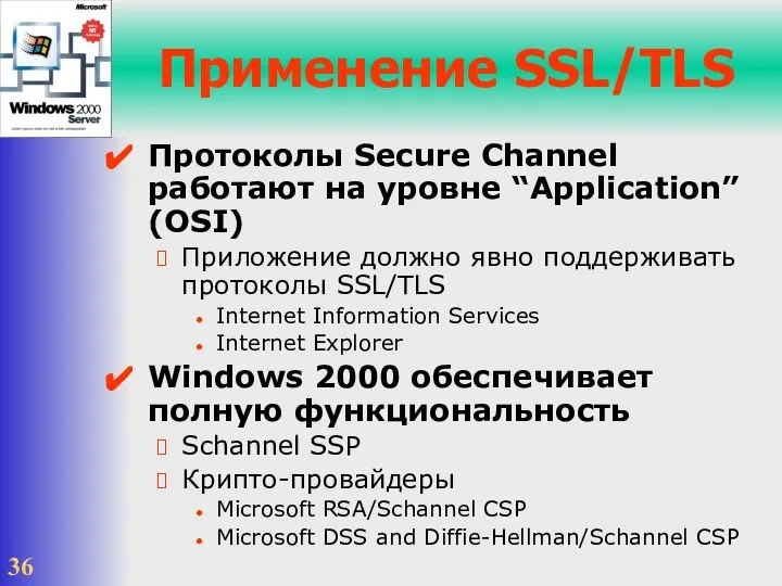 Применение SSL/TLS Протоколы Secure Channel работают на уровне “Application” (OSI) Приложение