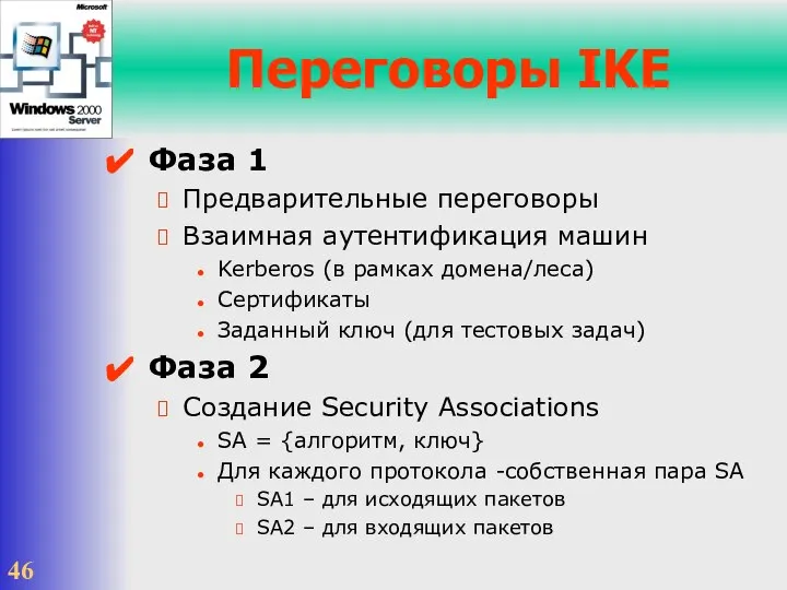 Переговоры IKE Фаза 1 Предварительные переговоры Взаимная аутентификация машин Kerberos (в