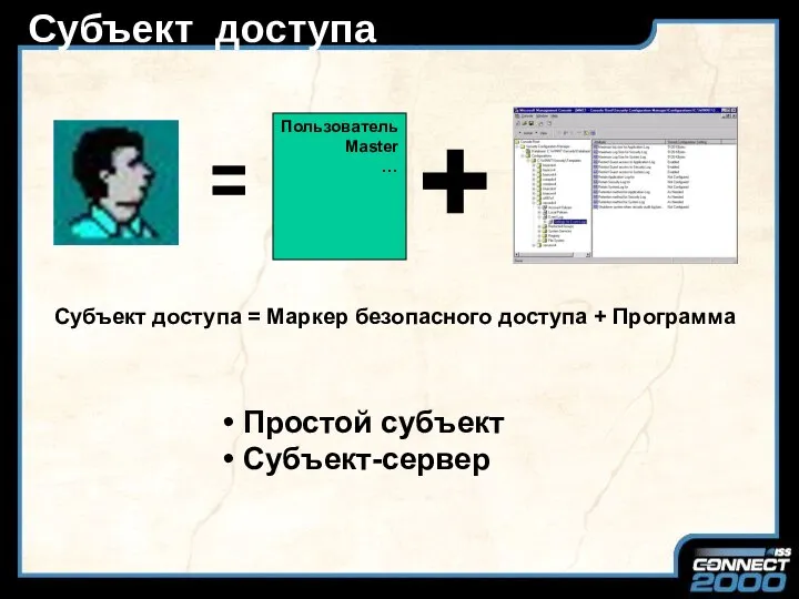 Субъект доступа Субъект доступа = Маркер безопасного доступа + Программа Простой субъект Субъект-сервер Пользователь Master …