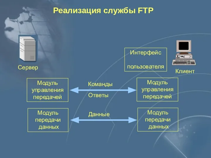 Клиент Сервер Команды Ответы Реализация службы FTP Интерфейс пользователя Модуль управления