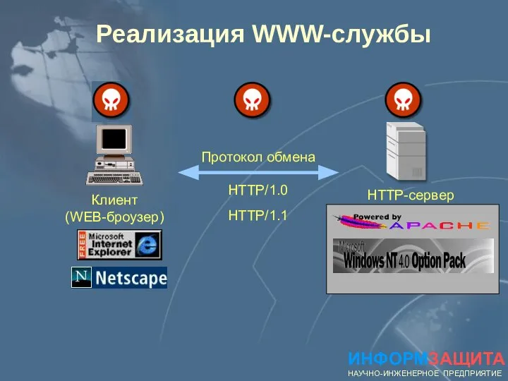 Реализация WWW-службы ИНФОРМЗАЩИТА НАУЧНО-ИНЖЕНЕРНОЕ ПРЕДПРИЯТИЕ Клиент (WEB-броузер) HTTP-cервер Протокол обмена HTTP/1.0 HTTP/1.1