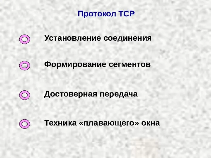 Протокол TCP Установление соединения Формирование сегментов Достоверная передача Техника «плавающего» окна