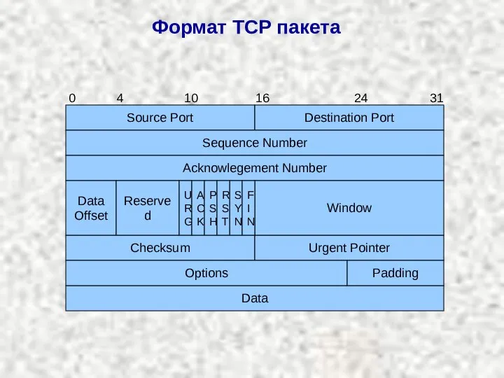 Формат ТСР пакета Source Port Destination Port Sequence Number Acknowlegement Number