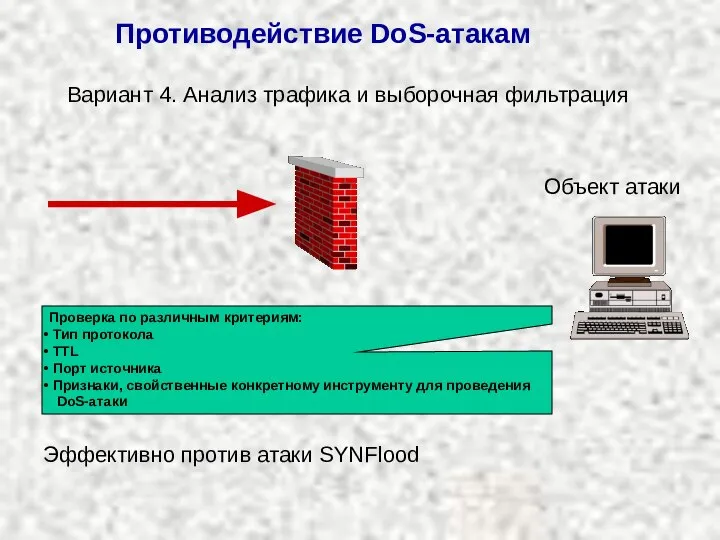 Противодействие DoS-атакам Объект атаки Вариант 4. Анализ трафика и выборочная фильтрация