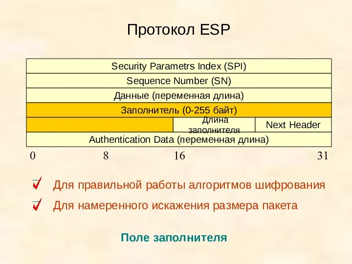 Протокол ESP Security Parametrs Index (SPI) Sequence Number (SN) Данные (переменная