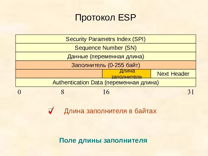 Протокол ESP Security Parametrs Index (SPI) Sequence Number (SN) Данные (переменная