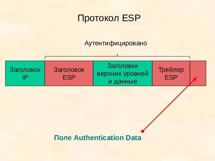 Протокол ESP Поле Authentication Data Заголовок IP Заголовок ESP Заголовки верхних