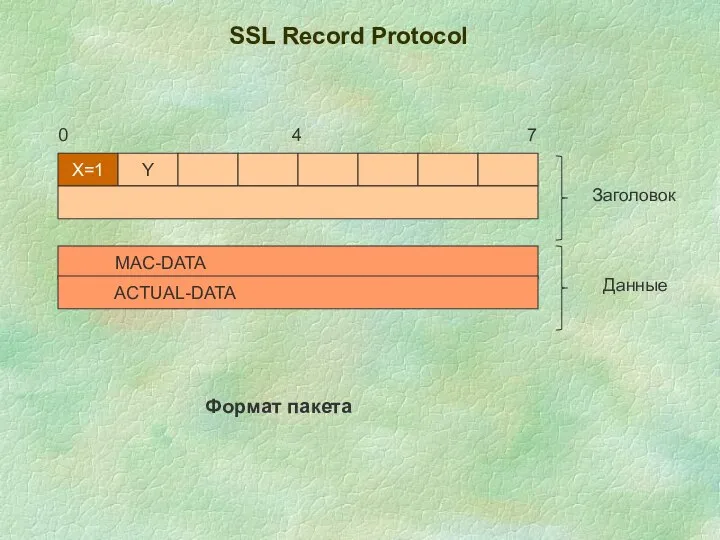 SSL Record Protocol Х=1 Y MAC-DATA ACTUAL-DATA 0 4 7 Заголовок Данные Формат пакета
